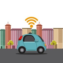 autonomous car vehicle with wireless waves over city background. ecology,  smart and techonology concept. vector illustration