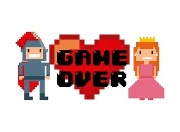 princess and knight characters and red heart with game over word over white background. videogame interface concept. colorful design. vector illustration