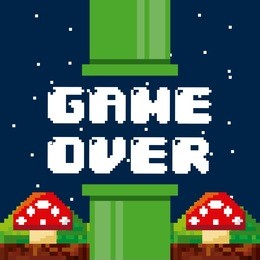 pixel game over interface with fungus icons. colorful design. vector illustration
