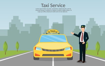 taxi driver call with smartphone service background the city flat style illustration background