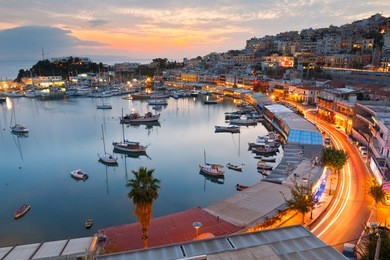 evening view of mikrolimano marina in athens, greece.