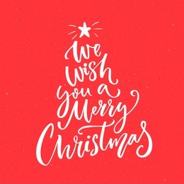 we wish you a merry christmas text. calligraphy text for greeting cards on red background.