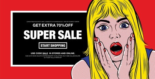 "get extra 70% off. super sale."  banner with surprised blonde girl (retro comic art style) on red background.  vector illustration.