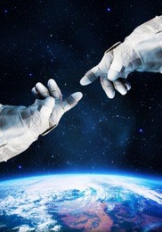 planet earth with hands of astronauts. space art. science and astronomy theme. this image elements furnished by nasa.