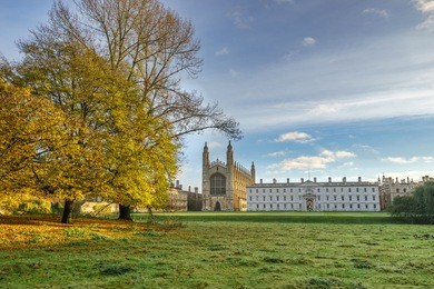 morning autumn panorama of kings college in cambridge,uk
