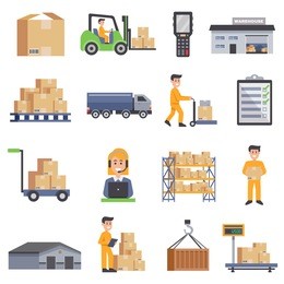 warehouse isolated flat icons set  of delivery truck shelves with goods scales boxes container and storage workers vector illustration 