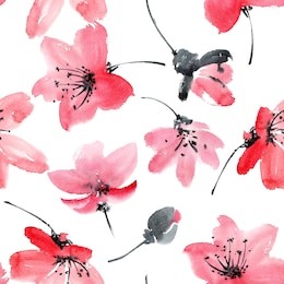 watercolor and ink illustration of blossom tree. sumi-e, u-sin painting.