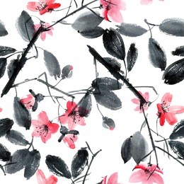 watercolor and ink illustration of blossom tree. sumi-e, u-sin painting.
