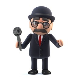 3d render of a bowler hatted british businessman holding a microphone.