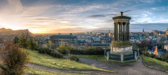 calton hill pillars at sunrise. edinburgh, scotland