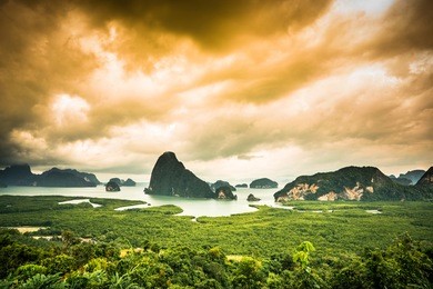 landscape viewpoint phang nga bay highlight of phang nga ,thailand,silhouette phang nga bay lanscape with mangrove forest in the early morning before sunrise.