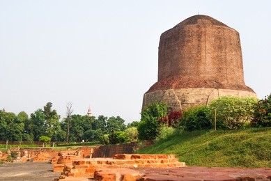 dhamekh stupa in panchaytan temple ruins, sarnath, varanasi, india landmarks history is buddhist travel