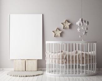 mock up poster frame in children room, scandinavian style interior background, 3d render, 3d illustration