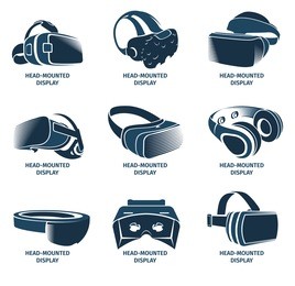 isolated vr headset logotype set. virtual reality helmet logo. head-mounted display icon collection. logo device. futuristic gaming element. simulation smartglasses vector illustration vr.