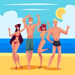 young people dancing on the beach in swimming suits and shorts, cartoon style vector illustrations isolated on white background. young men and women, boys and girls dancing at a beach party