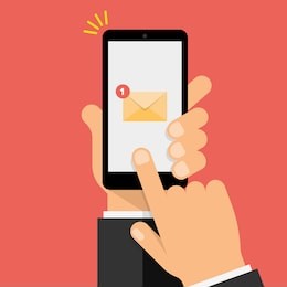 new email notification on smartphone screen. hand holds the smartphone and finger touches screen. modern flat design illustration.