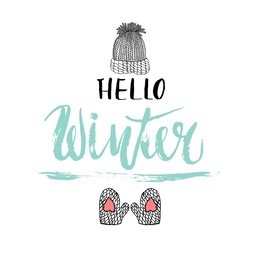 hello winter text. winter background with hand drawn winter elements and text made with dry brush and ink.