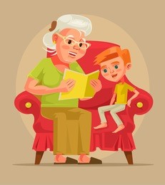 grandmother character sit with grandson and read book story. vector flat cartoon illustration