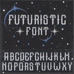 handcrafted futuristic font with decorations, dusty background