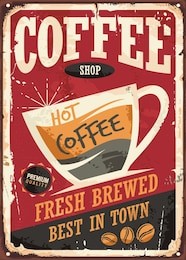 coffee shop retro tin sign vector illustration on red background perfect for cafe bar interior decoration or promotional material. vintage poster template with coffee cup and coffee beans.