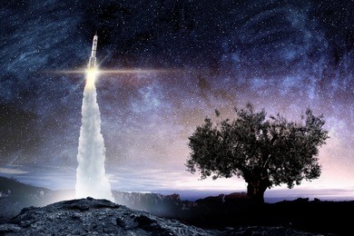 rocket space ship . mixed media