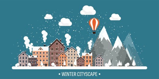 vector illustration. winter urban landscape. city with snow. christmas and new year. cityscape. buildings.mountaines, nature.