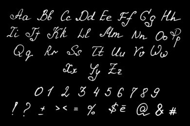 vector handwritten alphabet and numbers. doodle font isolated on blackboard. 