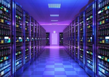 modern web network and internet telecommunication technology, big data storage and cloud computing computer service business concept: 3d render of the server room interior in datacenter in blue light