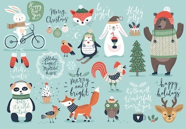 christmas set, hand drawn style - calligraphy, animals and other elements. vector illustration.