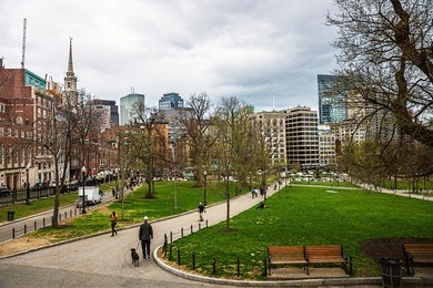 park street church and boston common public park in downtown boston, massachusetts, the united states. people on the background