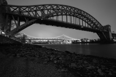 black and white photo at hell gate and triboro bridge, astoria, queens, new york city