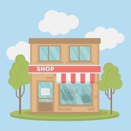 isolated clothing store. storefront with sign of sales, and credit card. concept of shopping.