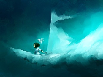 digital painting of cute girl with flying cat on cloud boat, acrylic sketched on canvas texture