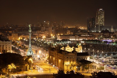 barcelona skyline and cityscape by night, city centre