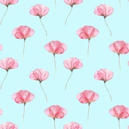 seamless floral pattern with pink tender flowers hand drawn in watercolor on a mint background