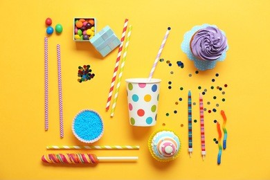 bright birthday background with sweets and decorations