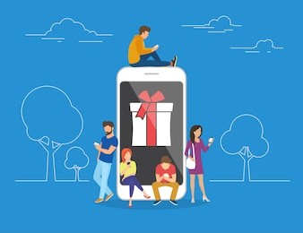 christmas gifts and presents concept illustration of young people using mobile smartphone for searching gifts and purchasing. flat men and women standing near big smartphone with gift box on screen