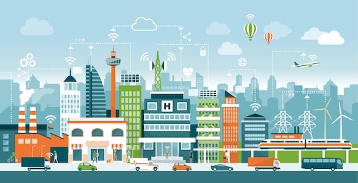 smart city with contemporary buildings, people and traffic; networks, connection and internet of things icons on top