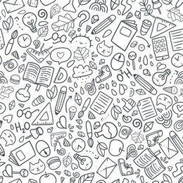 funny seamless pattern with school supplies and creative elements. back to school background.