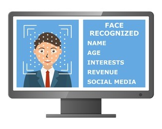 biometric identification. facial recognition system concept. face recognition program on monitor. vector illustration