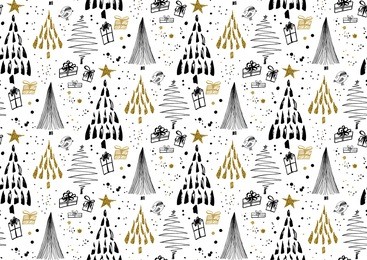 vector seamless pattern with hand drawn doodle christmas trees forest, gift boxes, ink dots and splatters. black, gold, white colors.
