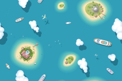 seamless pattern. summer vacation. the islands and ships. (top view) 
vector illustration. time to travel - sun, sea, island, sand, yacht, airplane, palm, clouds.. (view from above) 