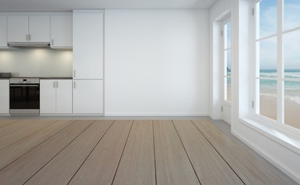 sea view dining room and kitchen in luxury beach house - 3d rendering