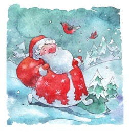 santa claus walking with bag of presents watercolor illustration