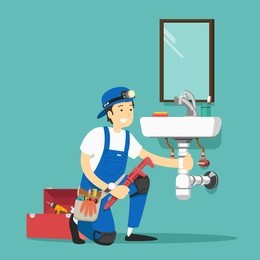 plumber repairing pipe on kitchen. vector illustration.
