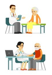 medicine concept with doctor and senior patient in flat style isolated on white background. practitioner young doctors man and woman and elderly patients in hospital. consultation medical diagnosis
