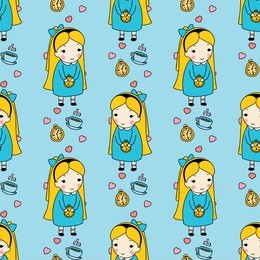 vector seamless pattern. cartoon girl, tea cup, clock and hearts. hand drawn doodle style, childish colors. blue, yellow, pink colors   