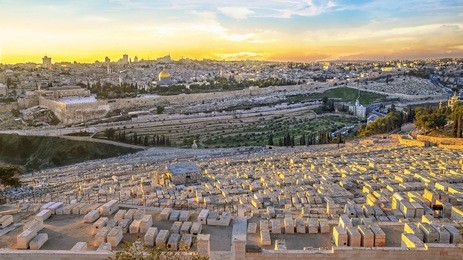 view to jerusalem old city temple mount and the ancient jewish cemetery in olive mountain at sunset, israel.