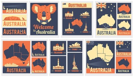 vector set of various australia icons . australian map. australian flag. the most famous city in australia. melbourne, brisbane, canberra, sydney. flat design of australian' s landmarks.