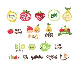 set of organic, bio, eco and nature food logos and labels for baby food. 